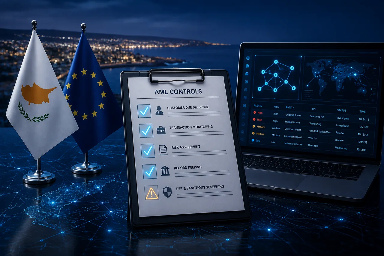 Compliance officer reviewing an AML control checklist beside blockchain transaction data and the Cyprus and EU flags, illustrating AML audit readiness for crypto firms