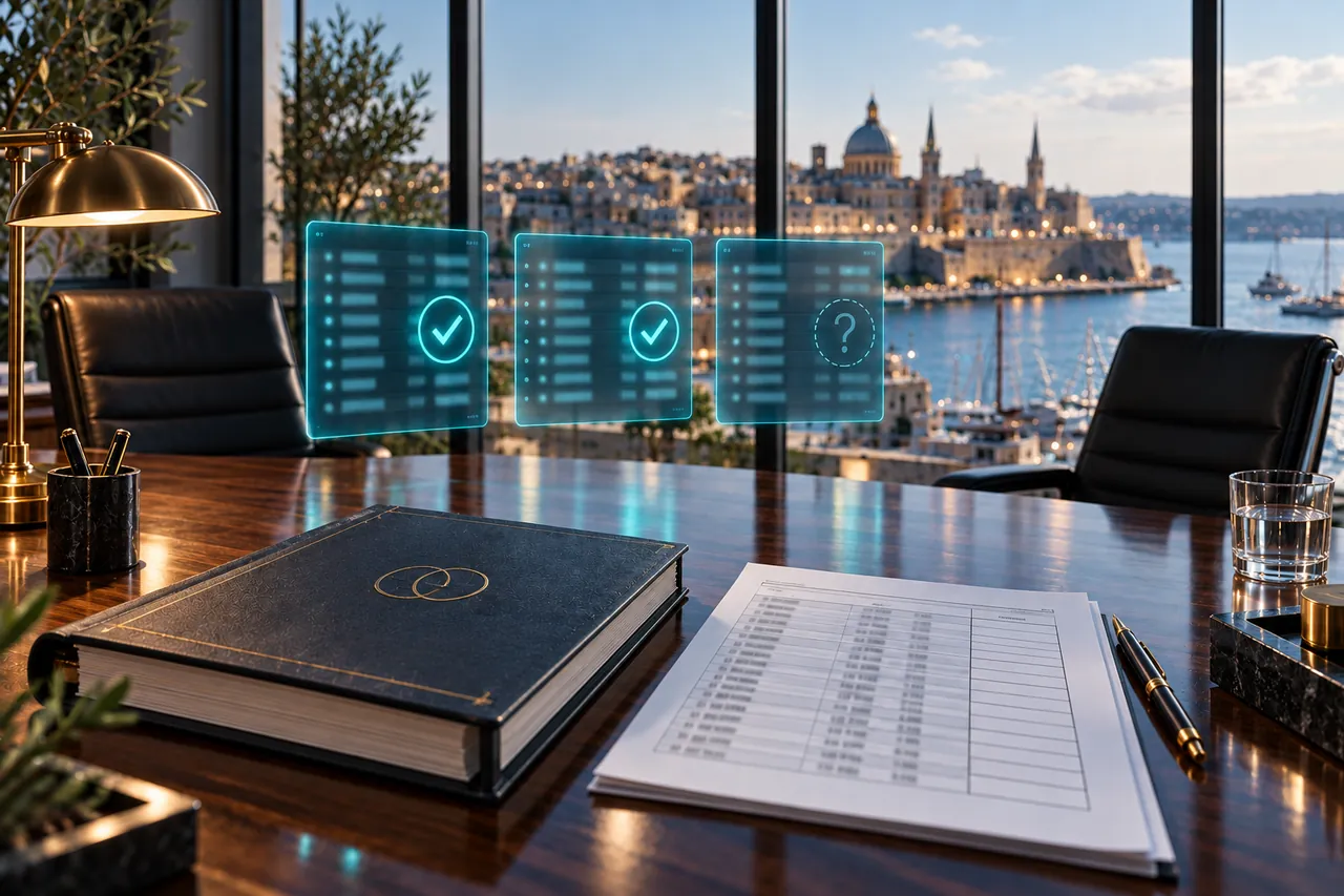 An auditor and a finance director reviewing wallet balances on screen against a printed trial balance, illustrating an audit stalled on unverified crypto holdings