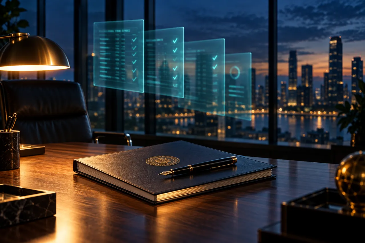 A bound audit report with an embossed gold seal and a fountain pen resting on an executive desk at dusk, with translucent teal panels of ledger rows and reconciliation ticks floating over a city skyline beyond the window