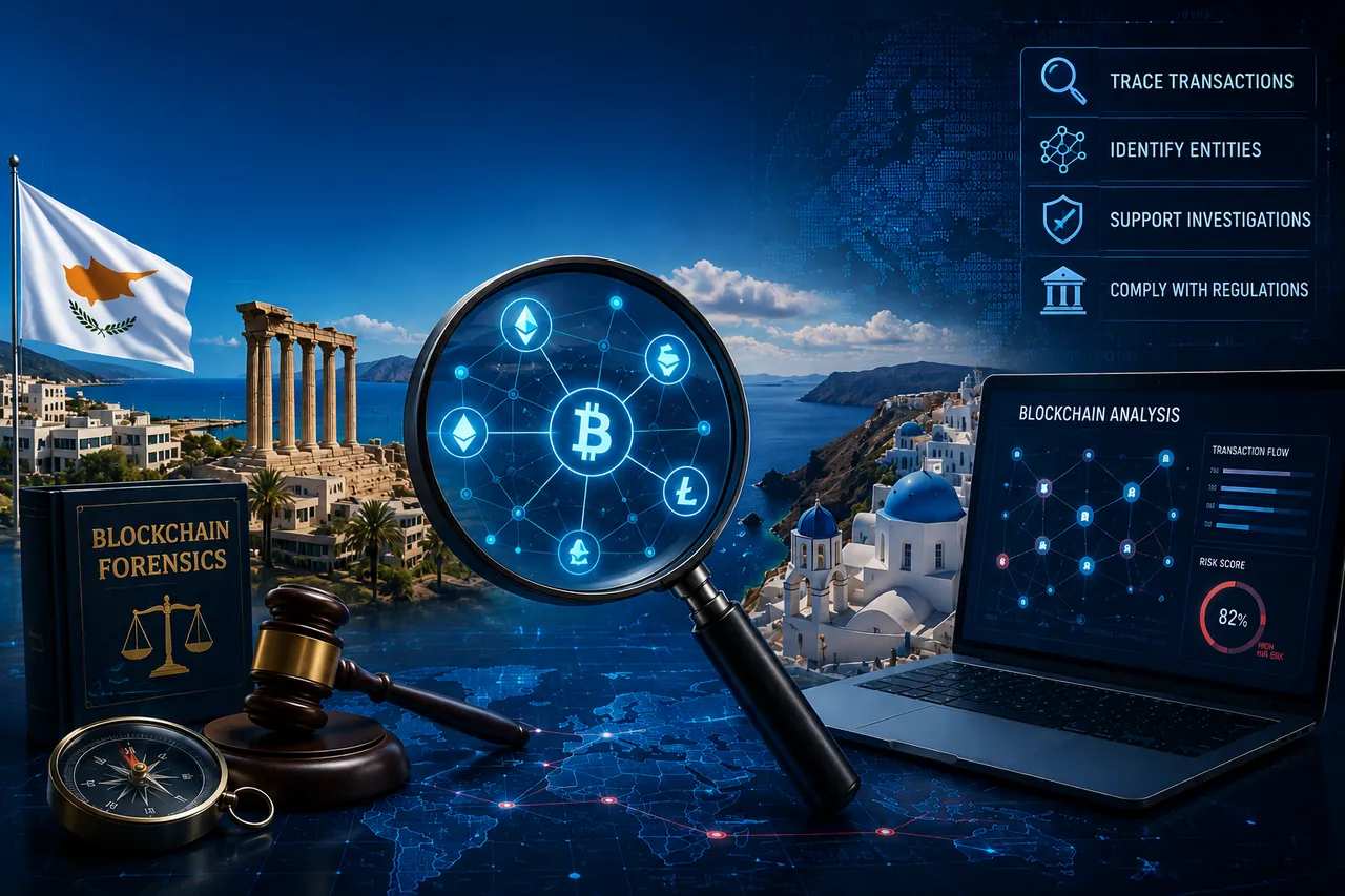 Illustration of blockchain forensics used to fight crypto crime in Cyprus and Greece