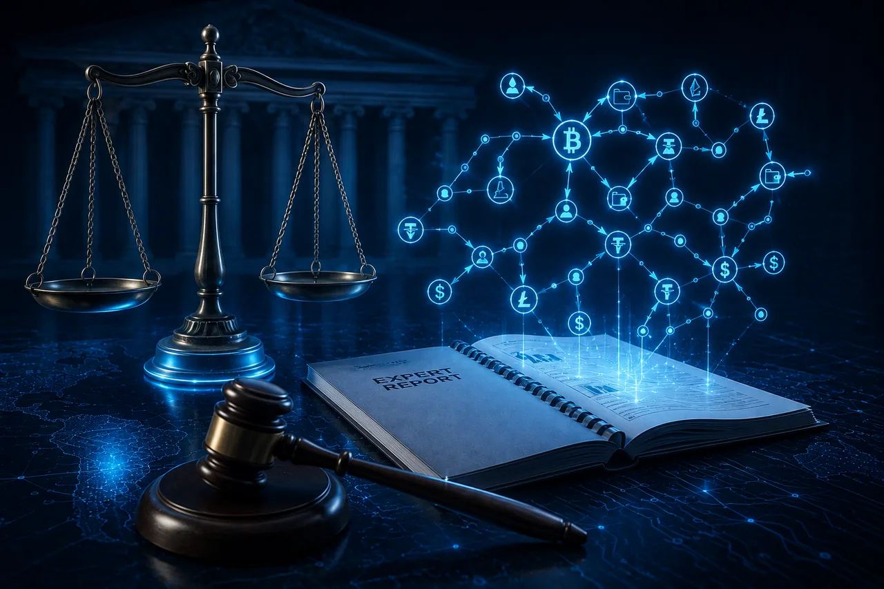 Lawyer reviewing a blockchain expert report beside scales of justice and a flow-of-funds diagram, illustrating how to assess a crypto expert witness
