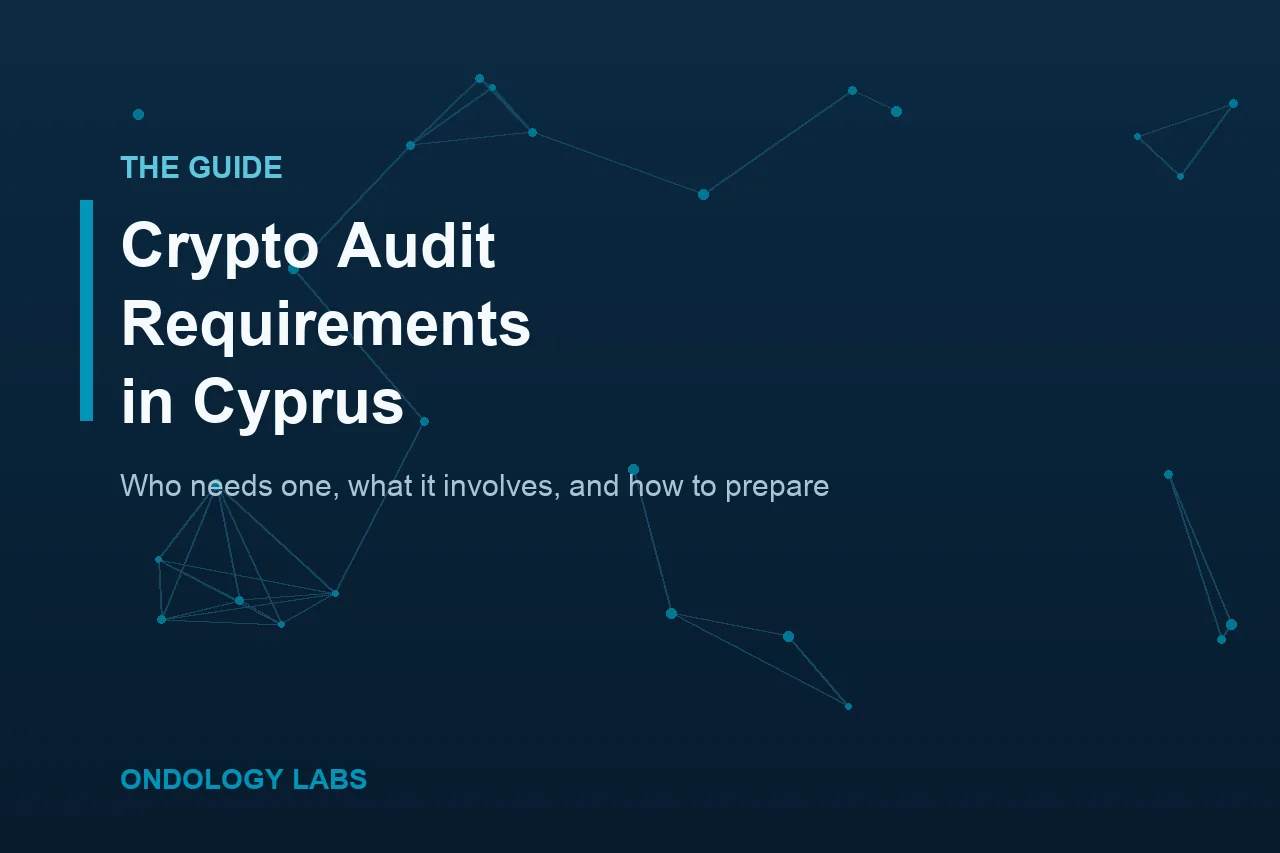 Title card reading Crypto Audit Requirements in Cyprus over a navy background with a teal blockchain network motif