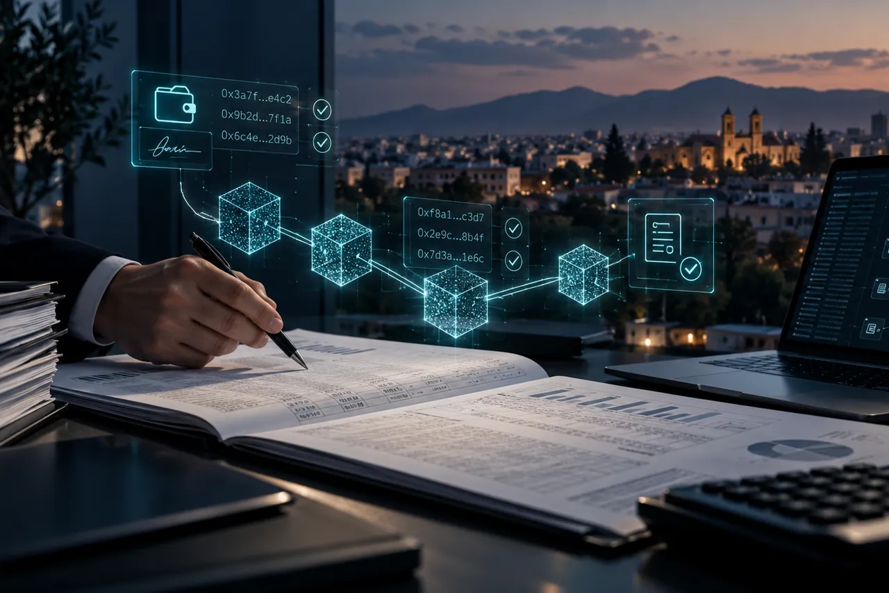 An auditor annotating a printed ledger at dusk while holographic blockchain blocks, wallet hashes and verification ticks float over a Nicosia skyline