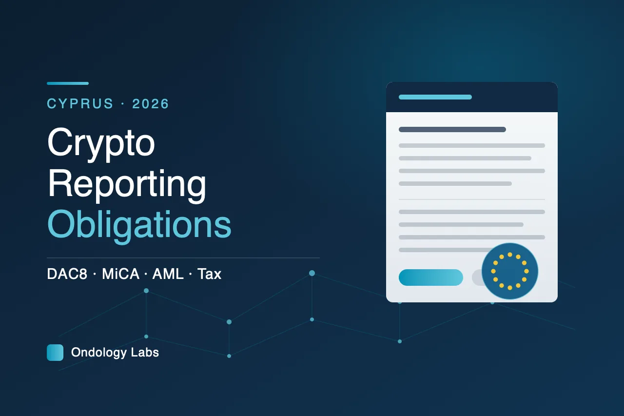 Title card reading Crypto Reporting Obligations, Cyprus 2026, DAC8, MiCA, AML and Tax, beside a stylised regulatory filing document and a ring of EU stars, over a navy background with a teal blockchain network