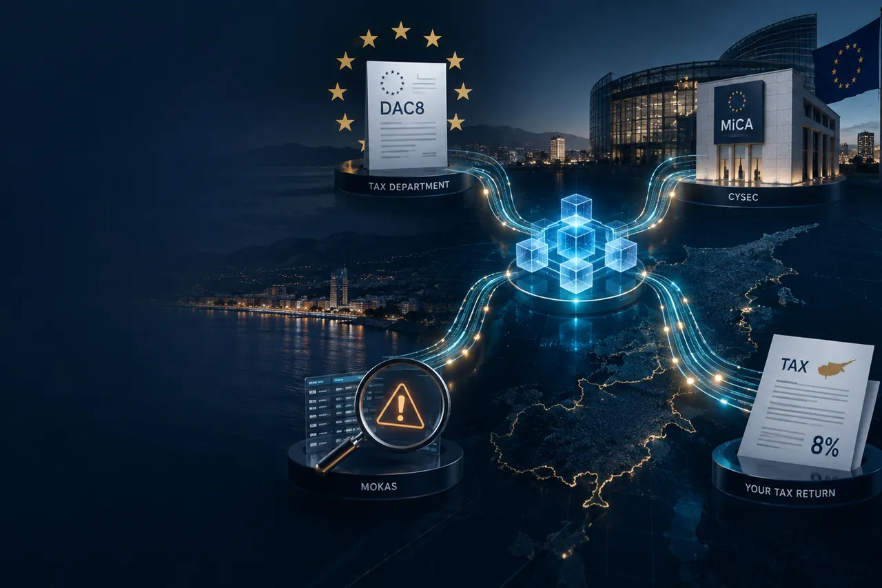 A glowing blockchain hub over a night map of Cyprus linked to four stations: a DAC8 filing for the Tax Department, the CySEC building for MiCA, a MOKAS suspicious-activity report and an 8% tax return