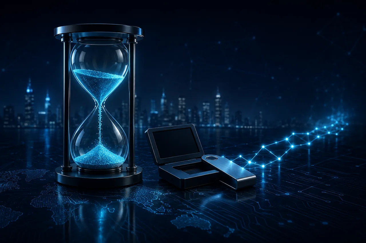 Clock face over a blockchain transaction trail and an empty crypto wallet, illustrating the first 24 hours after cryptocurrency is stolen