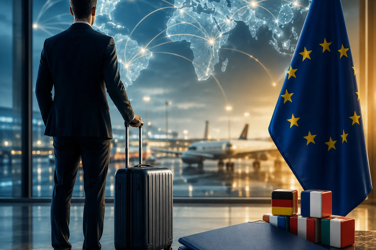 Business traveler with luggage at an airport beside an EU flag and national flag blocks, illustrating crypto tax rules for international expats living in the EU
