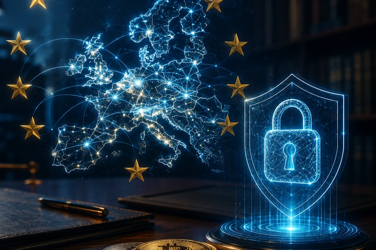 Digital map of Europe with EU stars, a glowing security padlock and crypto coins, illustrating the DAC8 crypto tax transparency directive