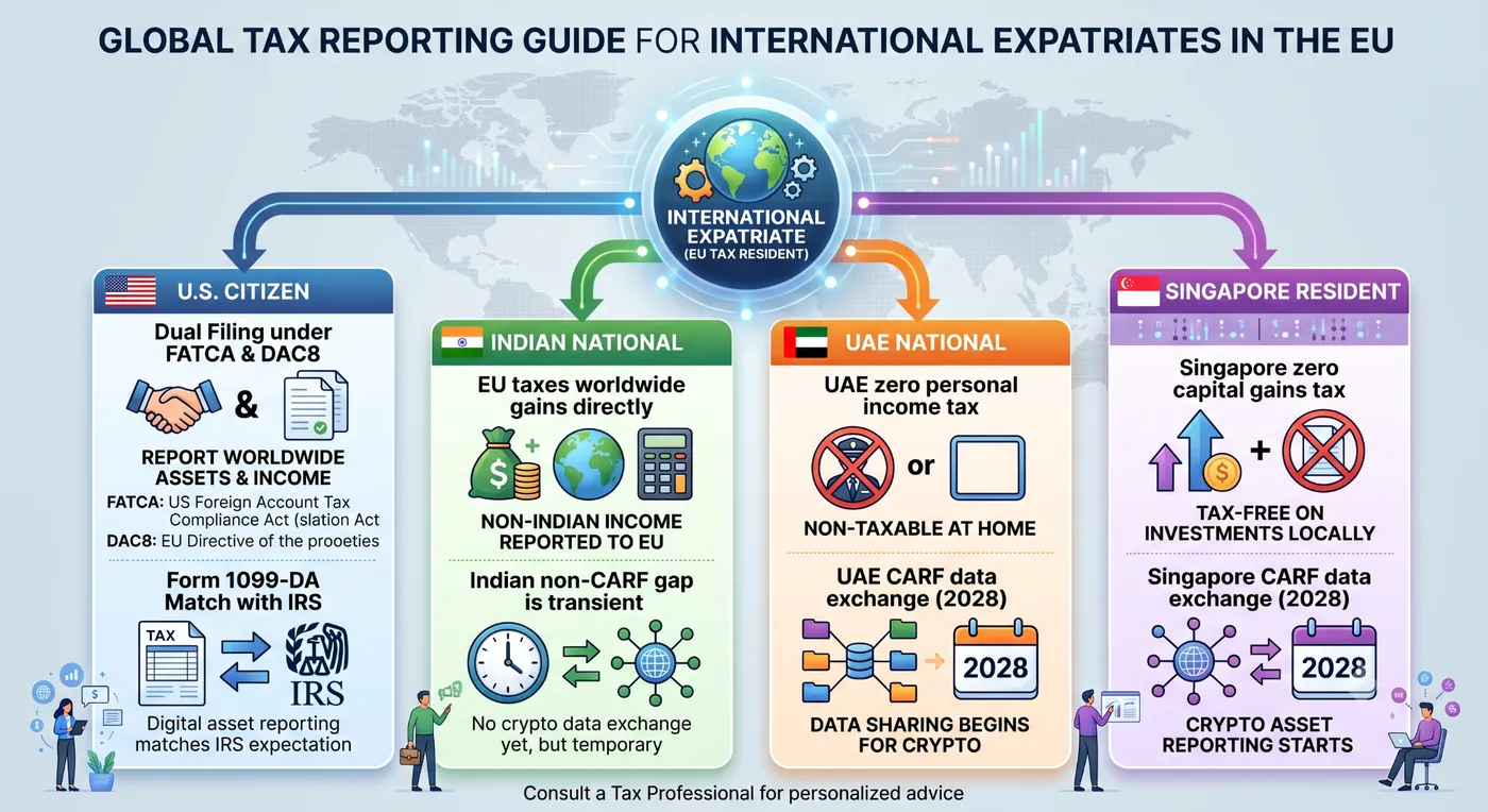 Infographic comparing crypto tax reporting for U.S., Indian, UAE and Singapore expatriates who are EU tax residents under DAC8 and CARF