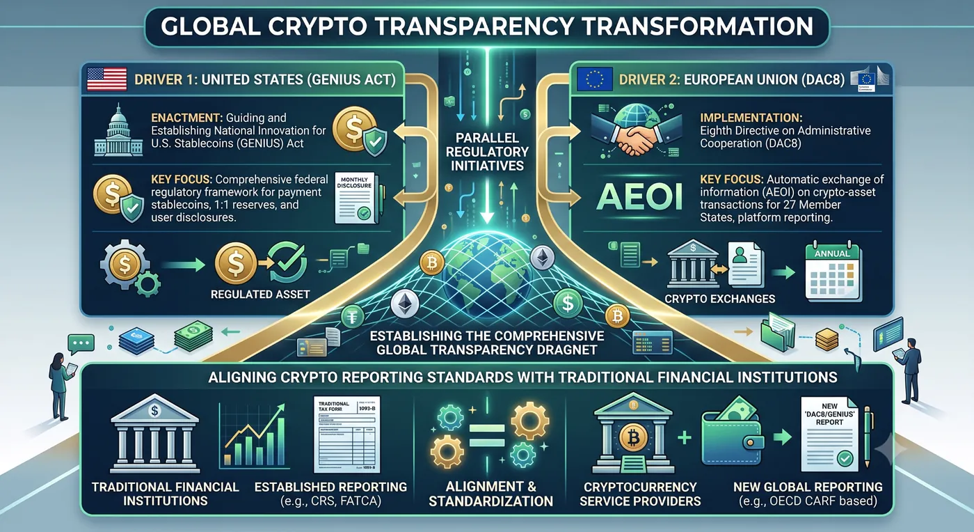 Infographic showing the U.S. GENIUS Act and EU DAC8 as parallel regulatory drivers aligning crypto reporting with traditional financial institutions