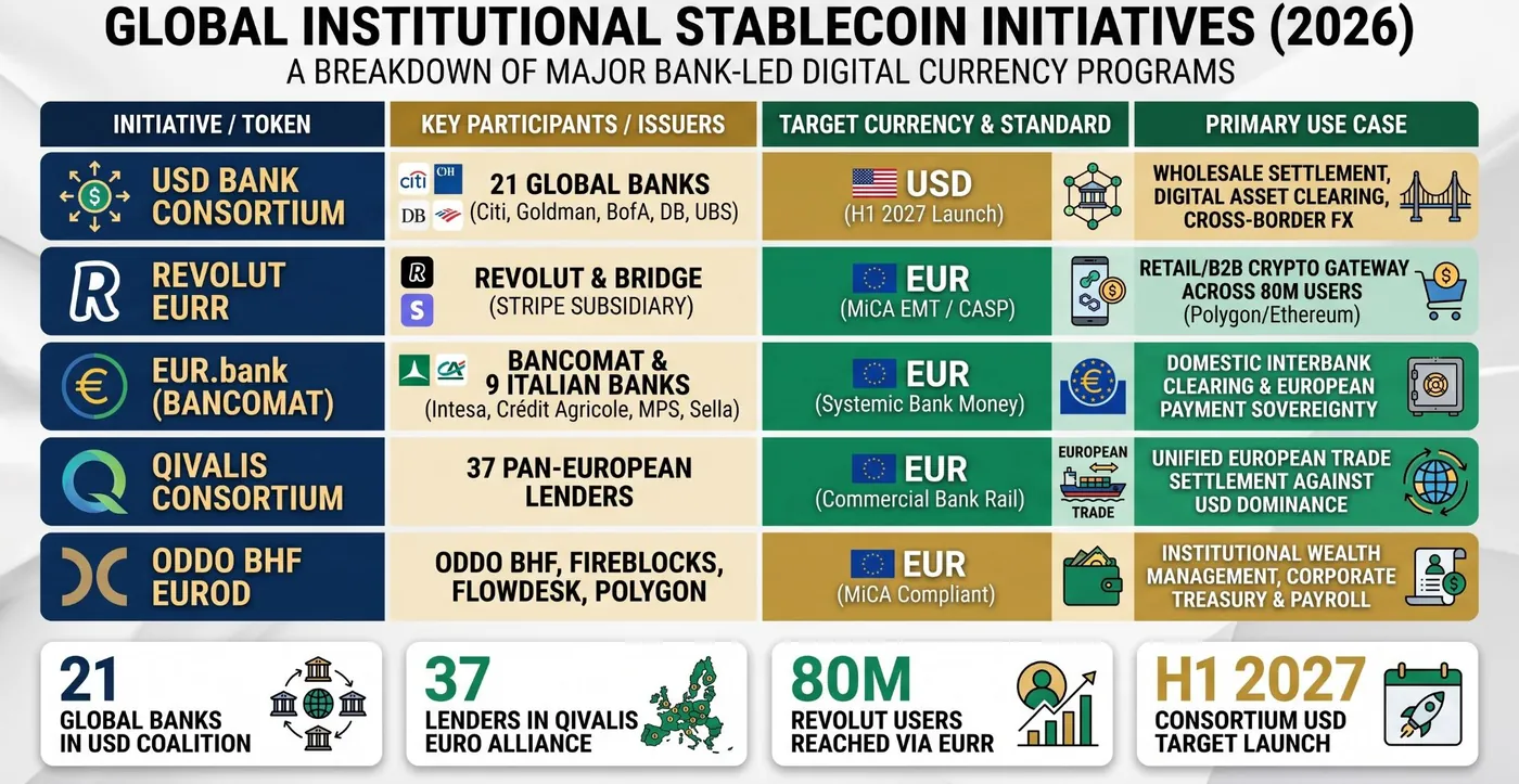 Infographic titled Global Institutional Stablecoin Initiatives 2026, comparing the 21-bank USD consortium targeting an H1 2027 launch, Revolut EURR, Bancomat EUR.bank with nine Italian banks, the 37-lender Qivalis consortium and ODDO BHF EUROD by participants, currency and primary use case
