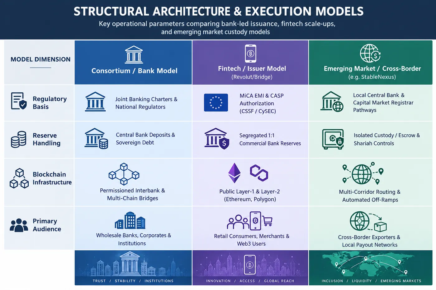 Infographic titled Structural Architecture and Execution Models, comparing the consortium bank model, the fintech issuer model and the emerging market cross-border model on regulatory basis, reserve handling, blockchain infrastructure and primary audience