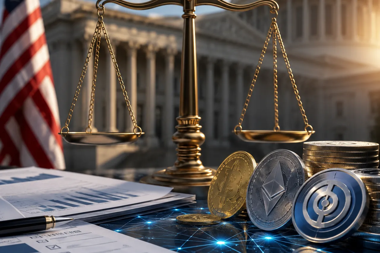 US Capitol with scales of justice and Bitcoin, Ethereum and USDC coins, illustrating the GENIUS Act and the tax status of digital assets