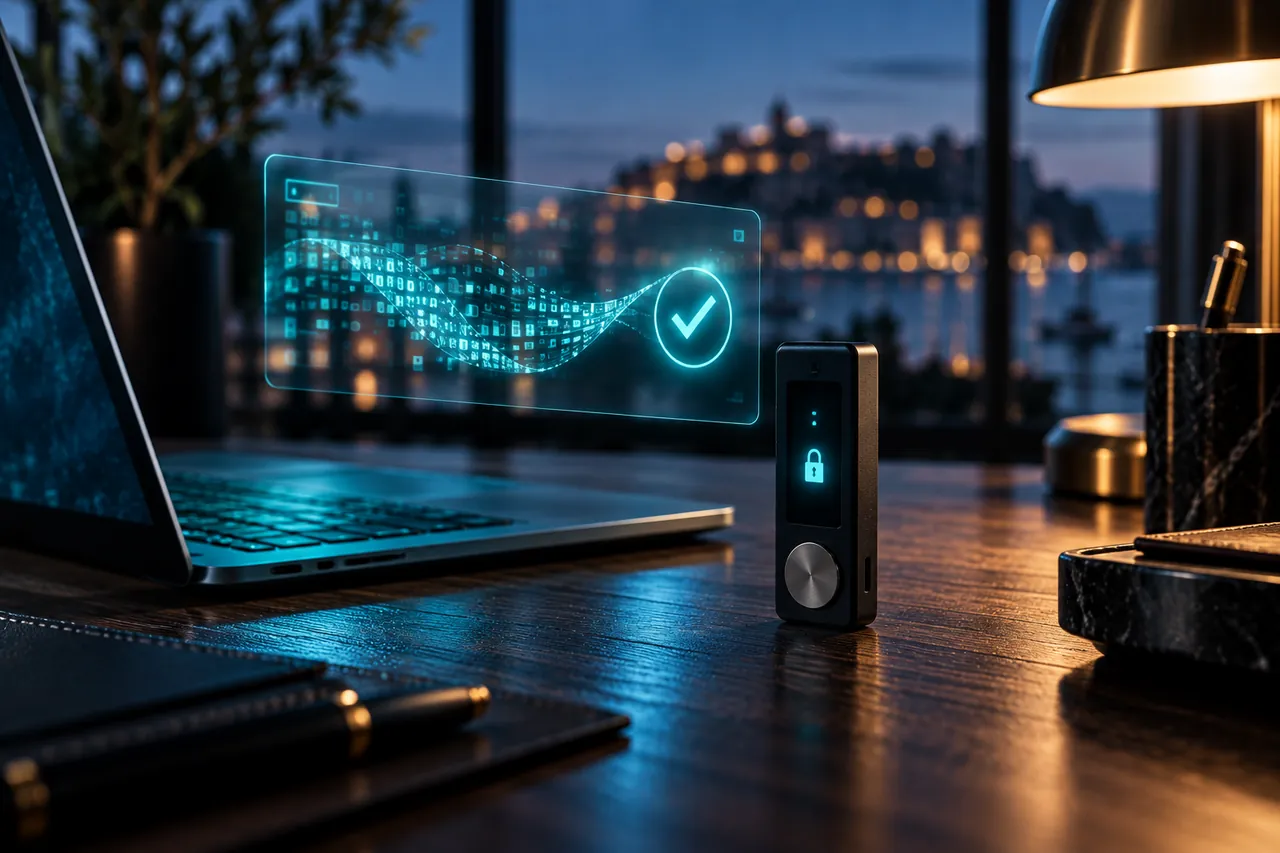 A hardware wallet and a laptop showing a cryptographic signature being verified against a public address, illustrating how auditors prove wallet ownership