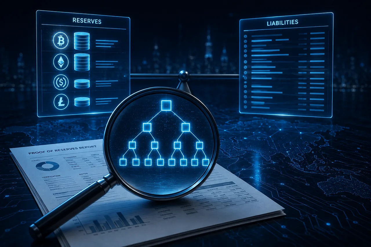 Magnifying glass over a proof of reserves report showing a Merkle tree, wallet balances and a customer liability ledger, illustrating how to evaluate a crypto exchange attestation