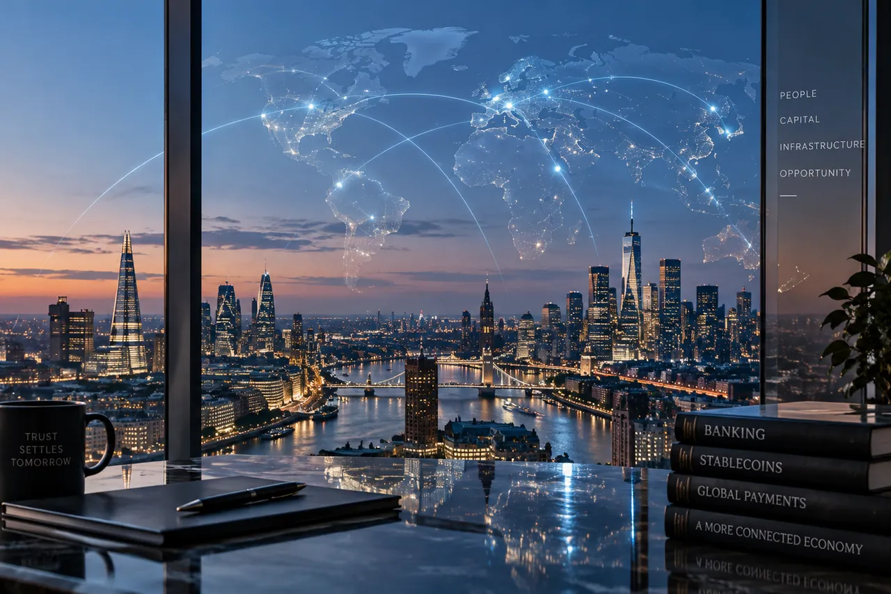 Executive desk at dusk overlooking a city skyline, with a glowing world map of connected financial hubs in the sky and books on the desk titled Banking, Stablecoins and Global Payments