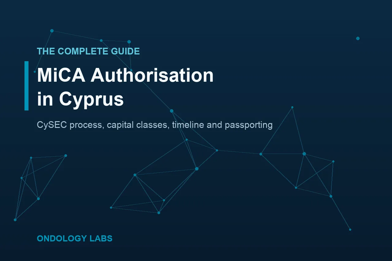 Title card reading MiCA Authorisation in Cyprus, The Complete Guide, over a navy background with a teal blockchain network motif