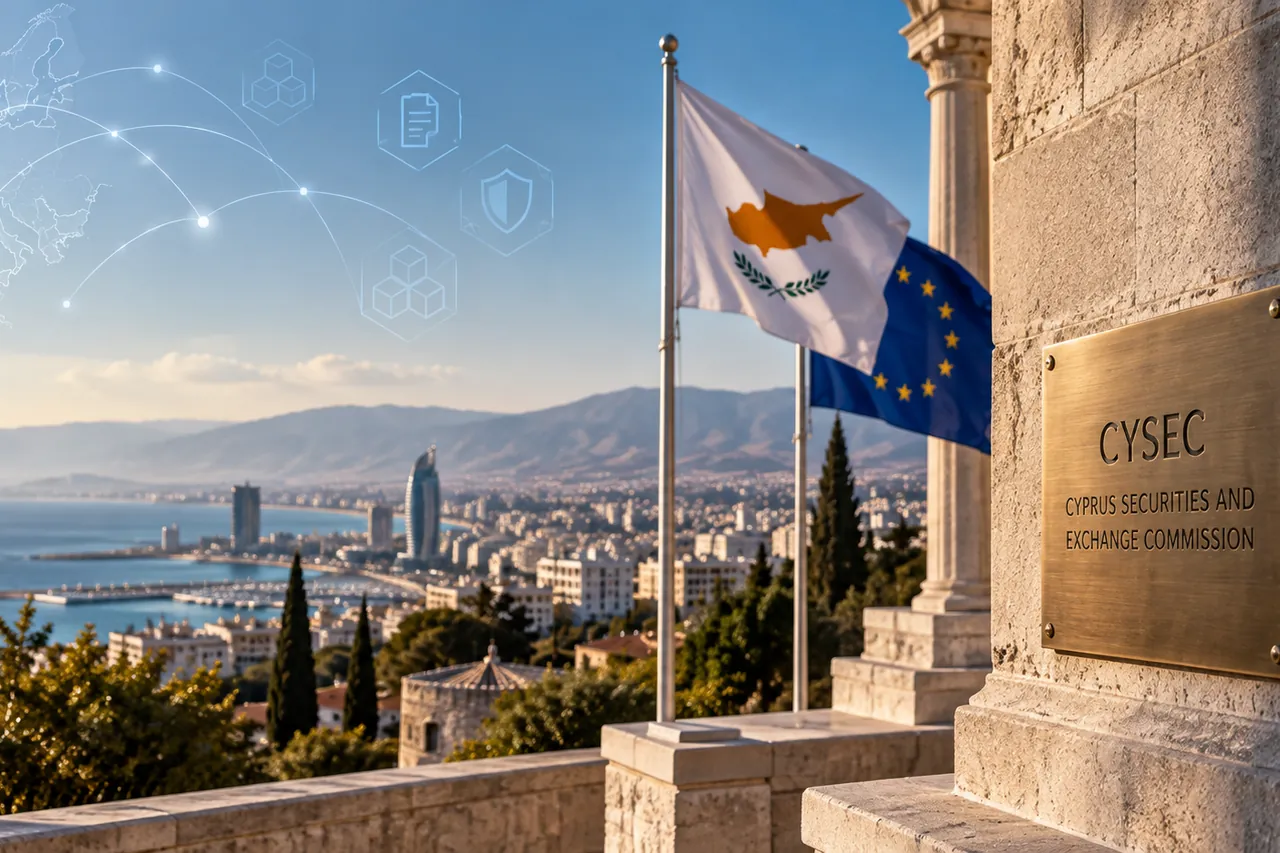 Cyprus and EU flags beside a brass CySEC plaque on a stone facade, with the Limassol seafront and a faint network map of Europe behind