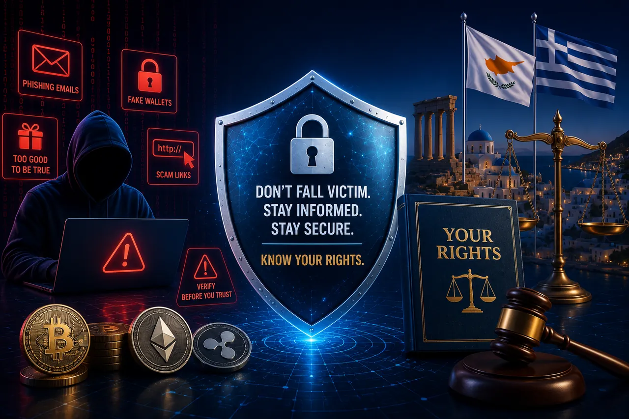Illustration warning about common crypto scams and victim rights in Cyprus and Greece