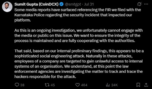 Sumit Gupta tweet about CoinDCX security incident