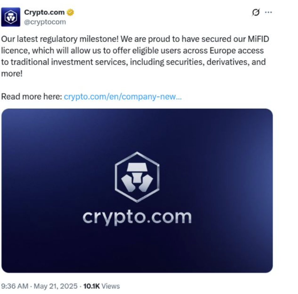 Crypto.com tweet announcing MiFID license